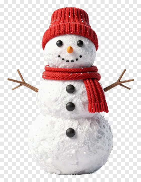 A snowman wearing a red knit hat and scarf.