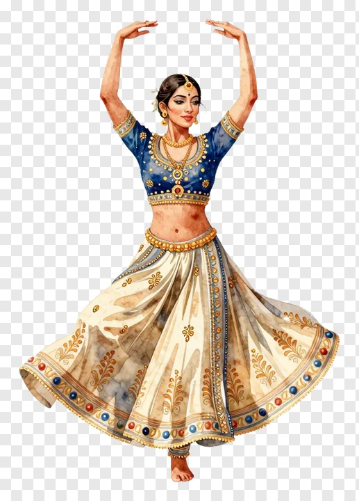 A woman dancing Garba in a blue and cream lehenga with gold details.