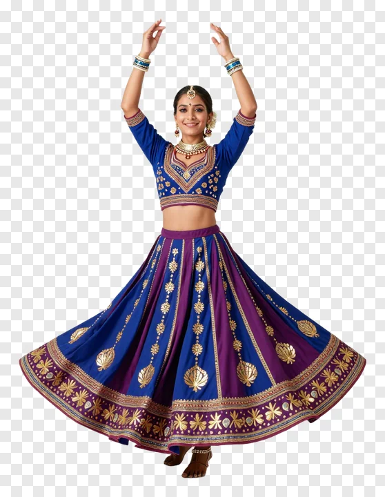 A woman in a blue and purple embroidered lehenga dancing with arms raised.
