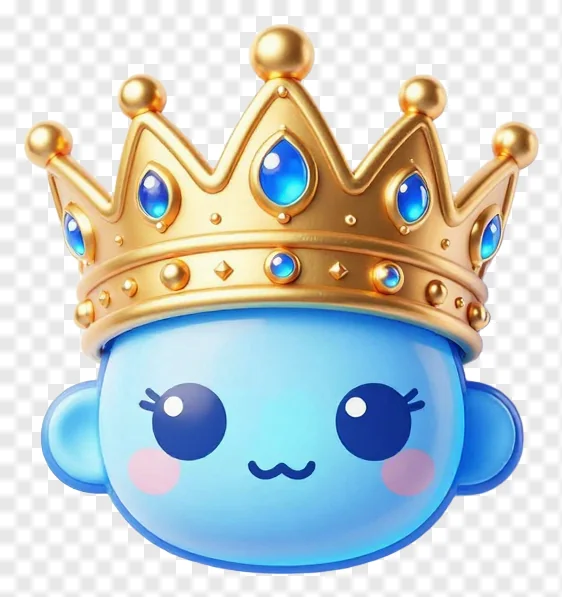 A blue cartoon character wearing a golden crown.