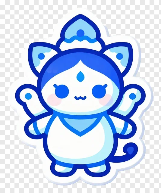 Blue cartoon Durga with a water droplet crown and raised arms.