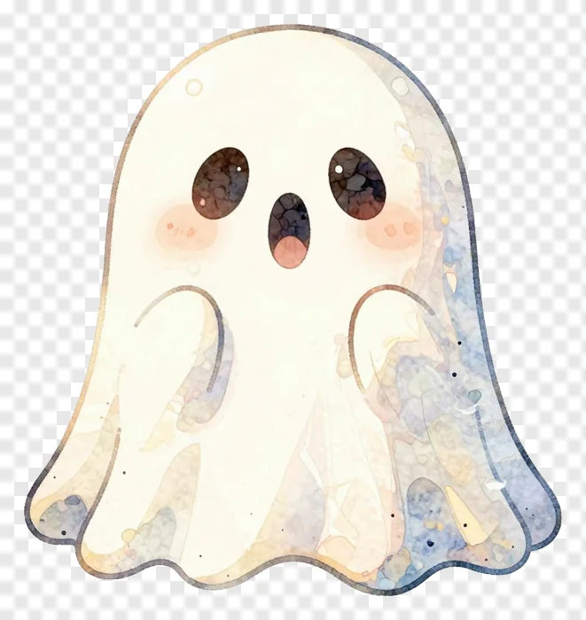 A cute, watercolor-style ghost with a surprised expression.