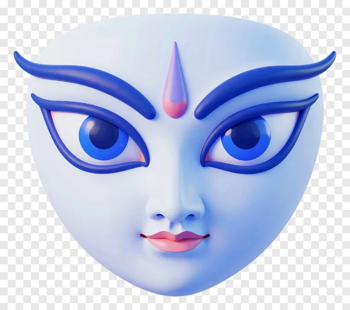 A blue-faced Durga with curved eyebrows and large eyes.