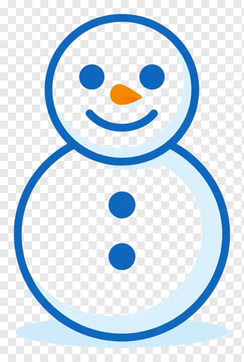 A snowman with blue eyes and an orange nose.