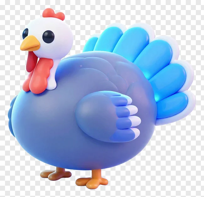 A blue, glossy 3D turkey toy with a white head and red comb.