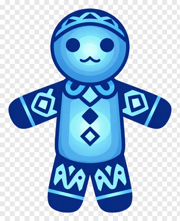 A blue glowing corn husk doll with outstretched arms.