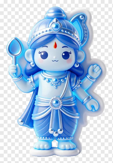 A blue glowing goddess Lakshmi idol holding a spoon.