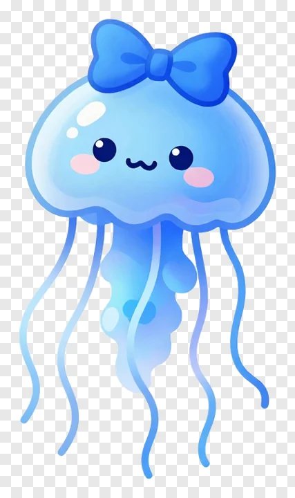 A blue cartoon jellyfish wearing a bow.