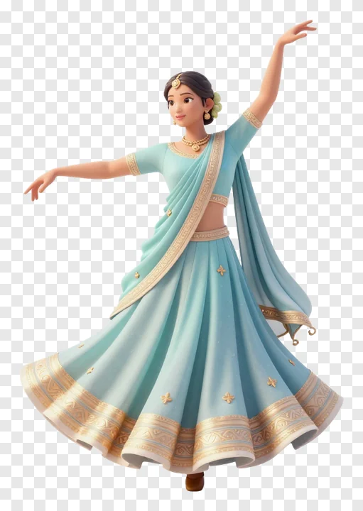A blue-dressed garba dancer with one arm raised.