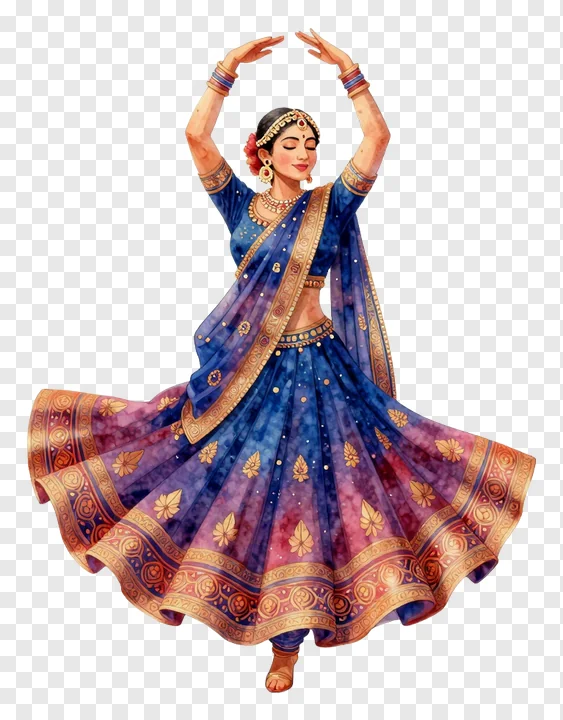 A woman dancing Garba in a blue lehenga with raised arms.
