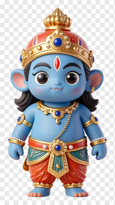 A chubby blue Ravana effigy figure with gold jewelry and a red crown.