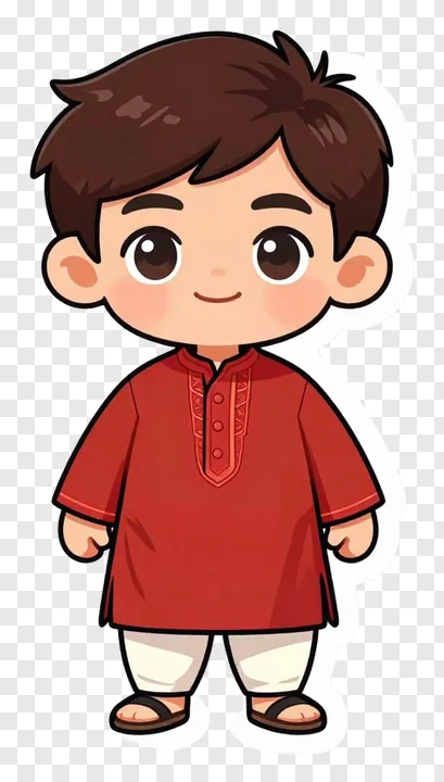 Cartoon boy in red traditional kurta pajama outfit.