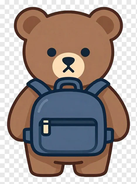 A brown bear wearing a blue backpack.