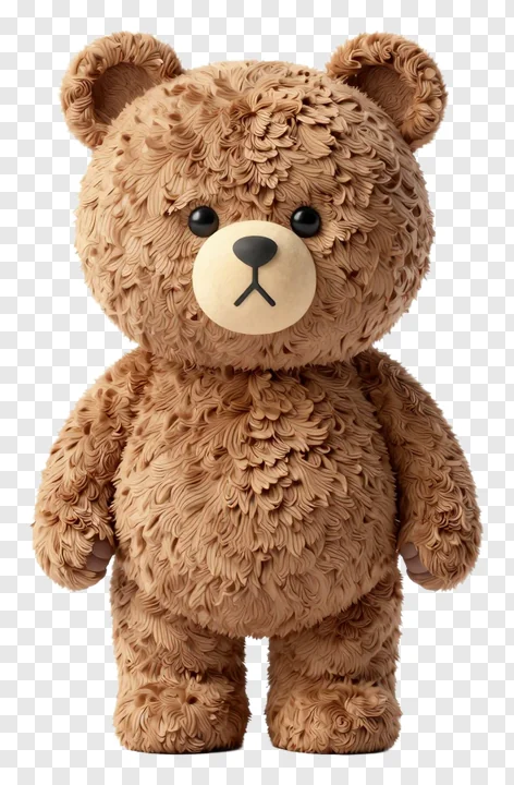 A brown teddy bear with textured fur and simple facial features.