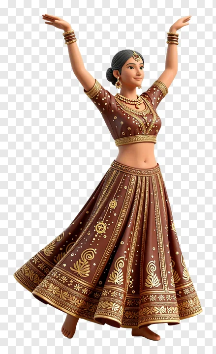 A woman dancing garba wearing a brown embroidered dress with hands up.