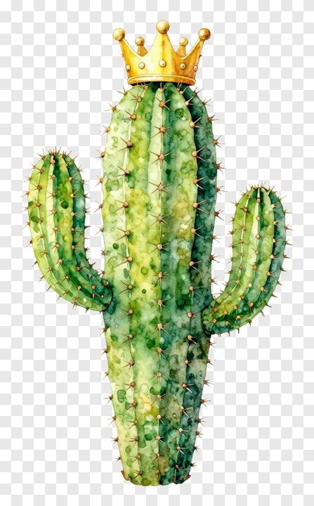 A green cactus with a golden crown on its top.