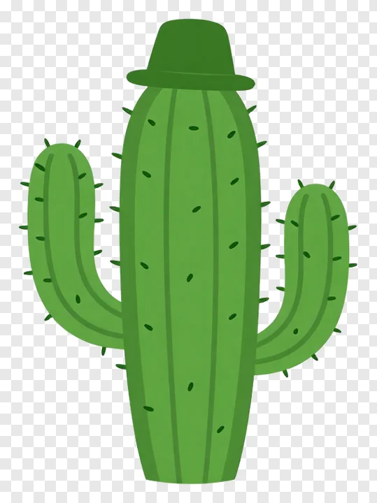A green cactus wearing a tiny hat.