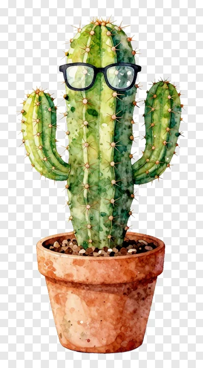 A green cactus in a pot wearing glasses.