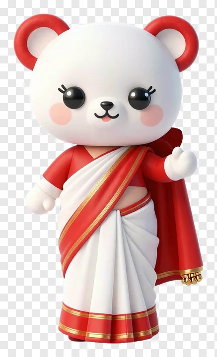 A cartoon bear dressed in a white and red Bengali saree.