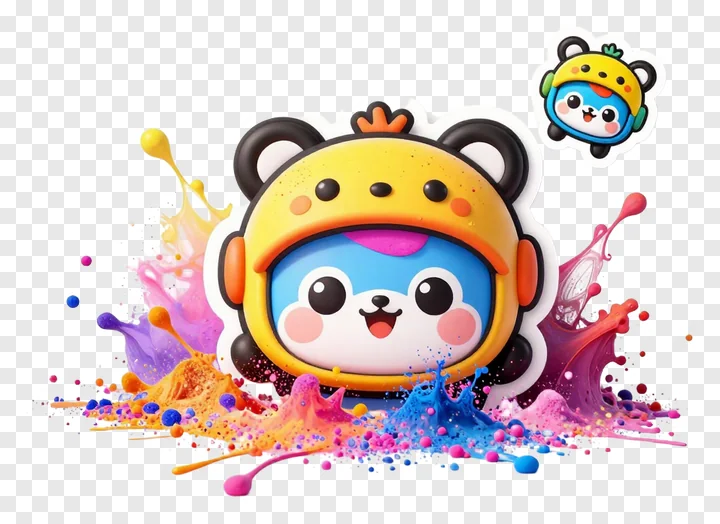 A cartoon bear in a yellow helmet surrounded by colorful powder splashes.