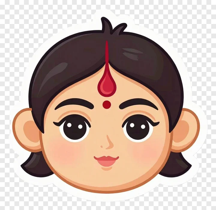 Cartoon face of Durga Maa with a red bindi.