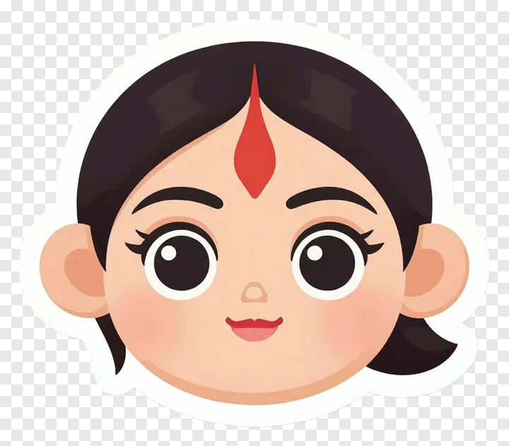 Cartoon face of Durga Maa with red bindi and dark hair.