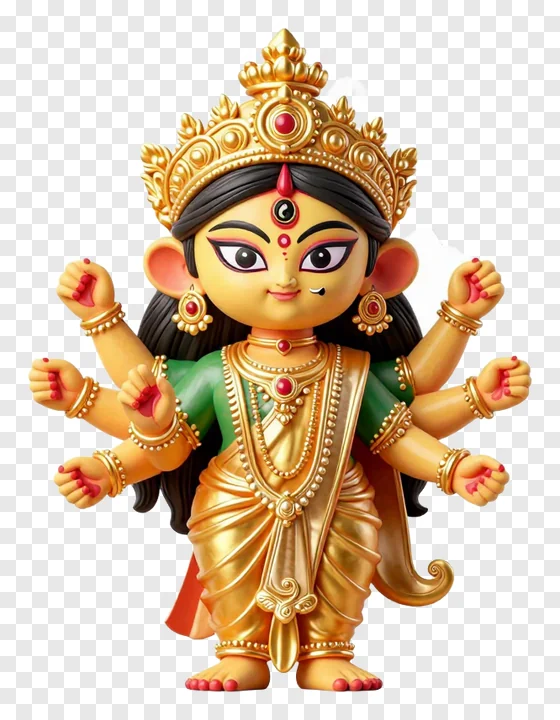 Stylized cartoon statue of the Hindu goddess Durga during puja festival.