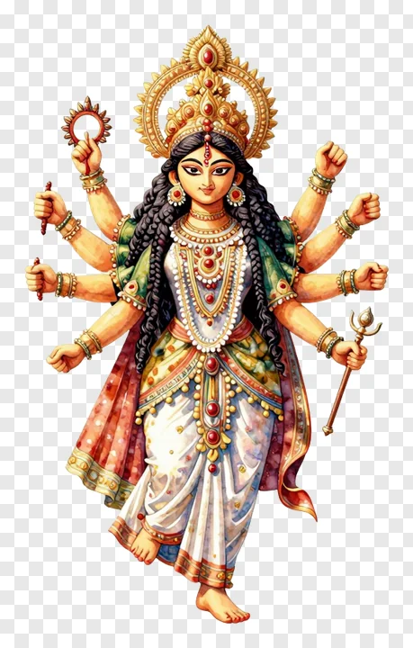 Goddess Durga with eight arms holding a trishul.