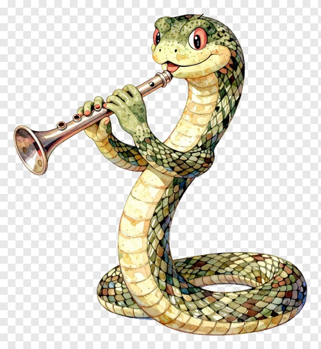 A cartoon snake playing a flute.