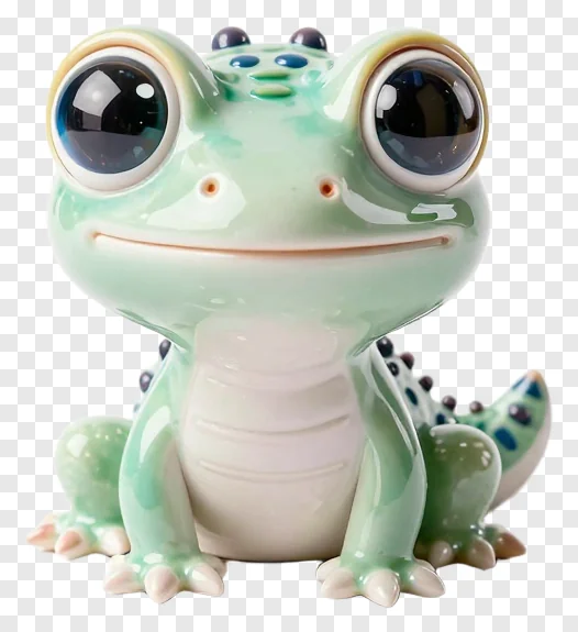 Ceramic gecko with glass eyes and a smiling face.