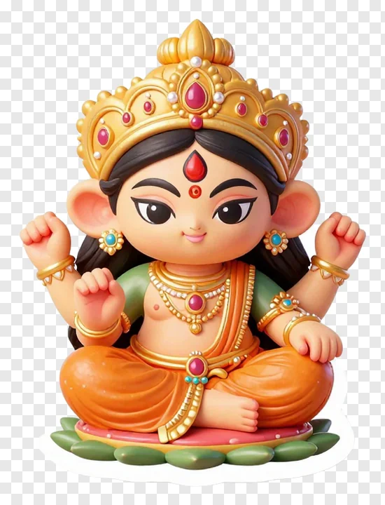 A cartoon-style Durga idol with raised fists and a golden crown.