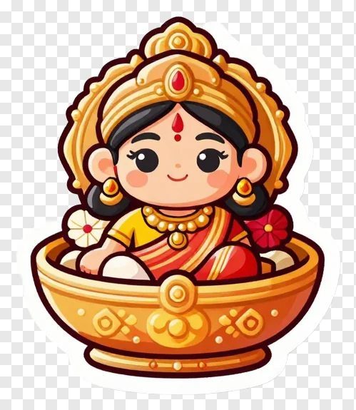 Cartoon goddess Lakshmi in a golden kalash with flowers.