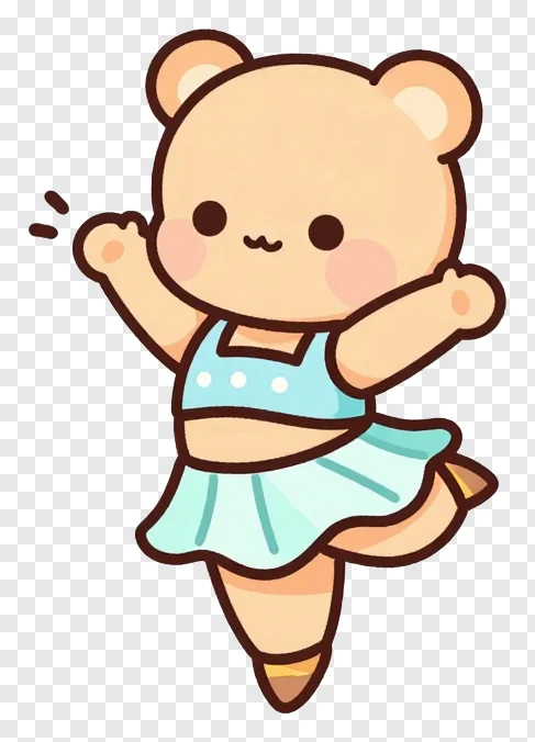 A small bear dancing in a blue dress.