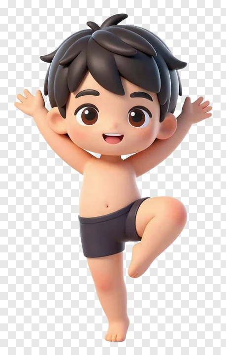 A smiling chibi boy in a yoga tree pose.