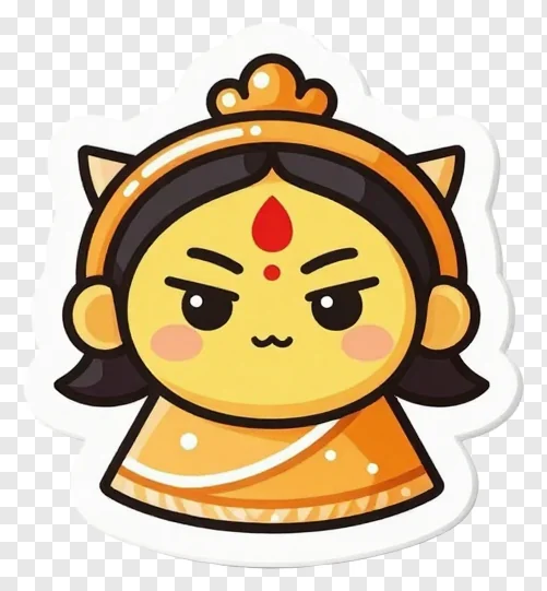 Chibi-style Durga with crown and angry expression