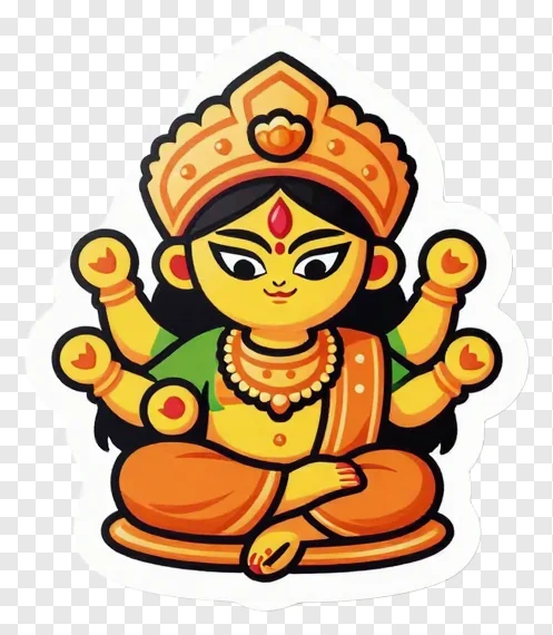 A cartoon goddess Durga with four arms and a golden crown.