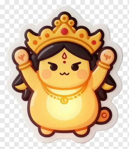 Chibi Durga wearing a golden crown with raised hands.