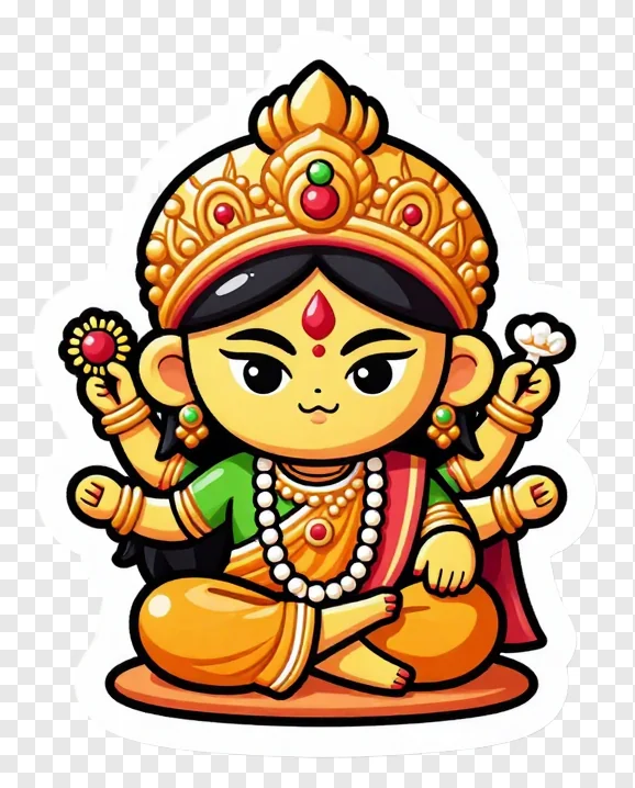 Chibi Durga goddess sitting on a lotus base with eight arms.