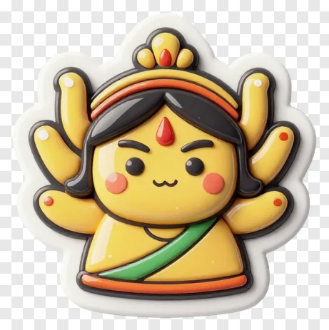 Chibi Durga with eight arms and raised hands.