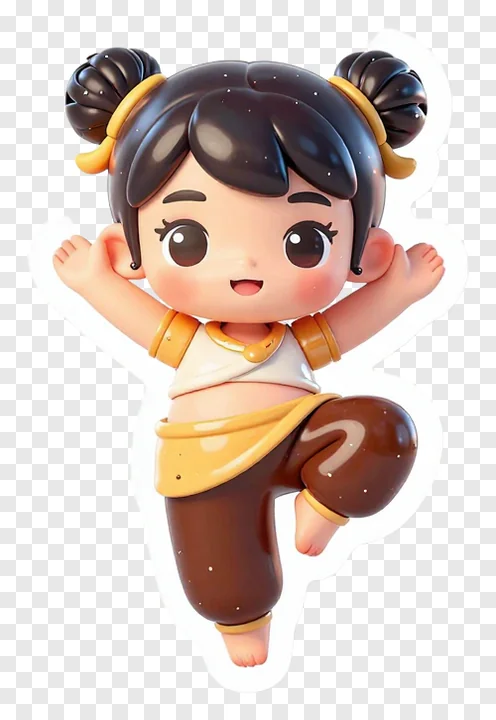 A chibi girl with twin buns dancing in a dynamic pose.