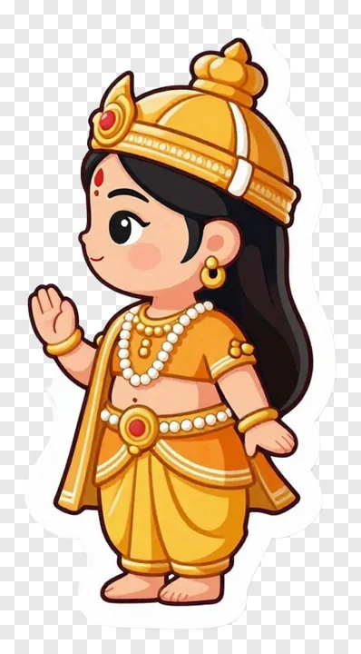 A cartoon goddess Lakshmi waving in golden clothing.