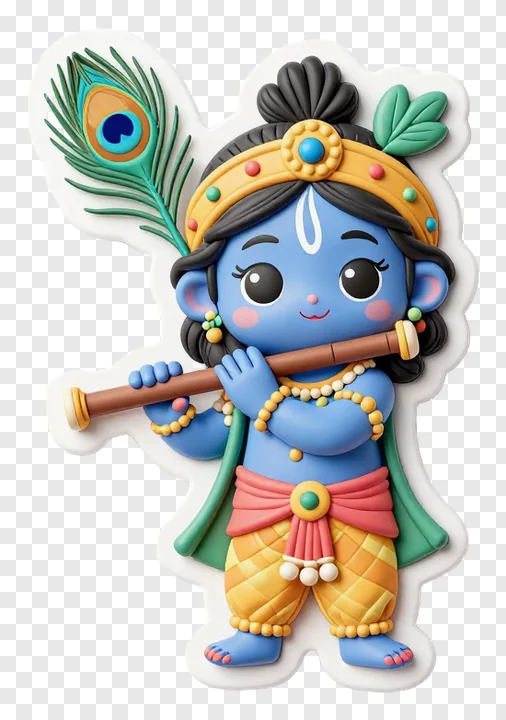 Chibi-style Krishna playing flute with peacock feather.