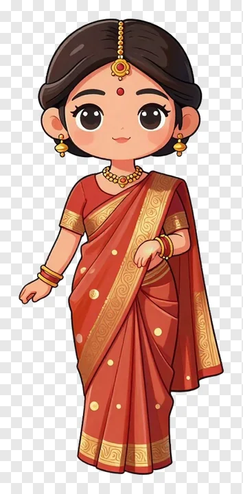 A cartoon woman in a red saree with gold details.