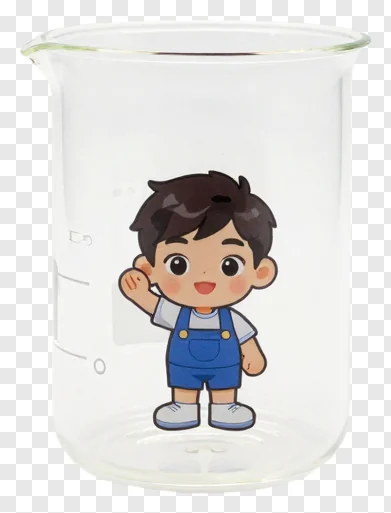 Cartoon child waving on a glass beaker.