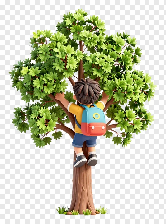 A child climbing a tree with a backpack.