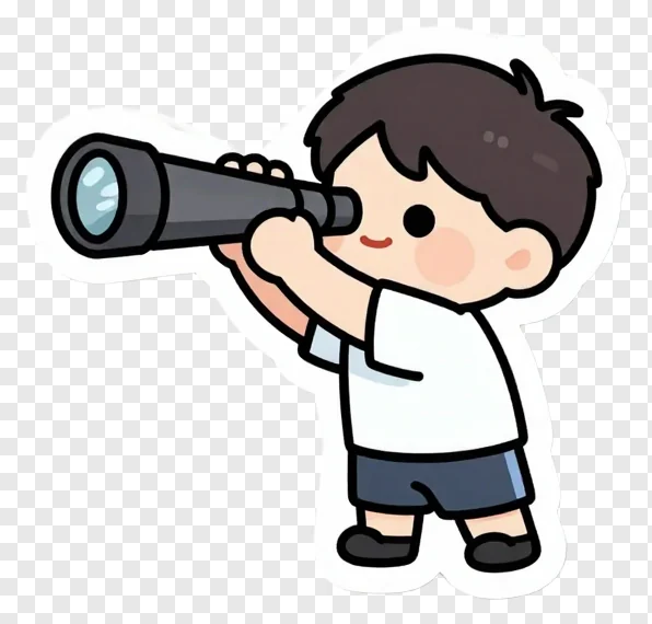 A child holding a telescope and looking through it.