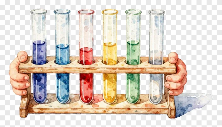 Child holding a wooden test tube rack with colored liquids.