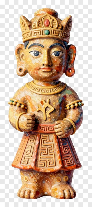 Standing clay idol with a jeweled crown and patterned clothing.