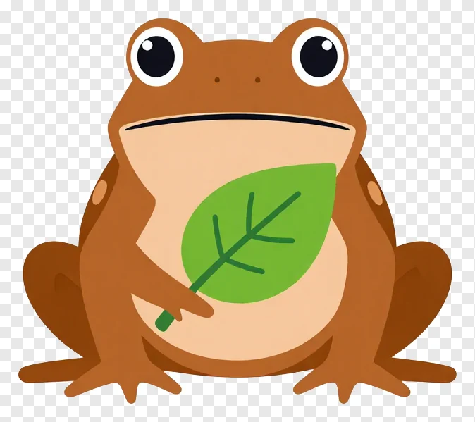 A cartoon copper frog holding a green leaf.