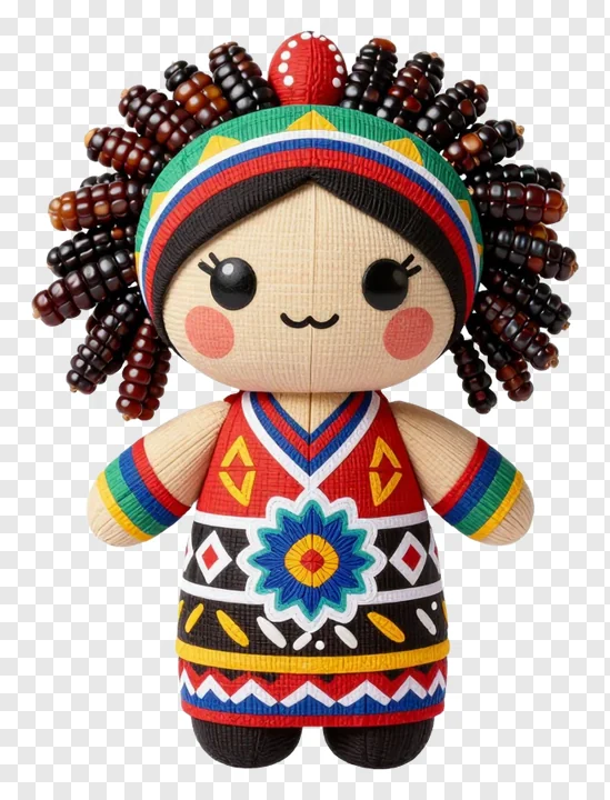 A corn husk doll with beaded hair and patterned dress.